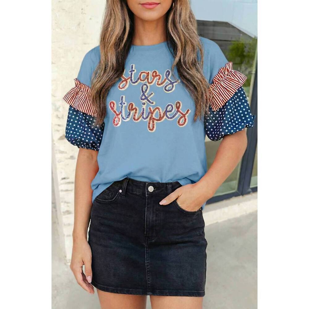 NEW AAPPARELLA sequin stars & stripes top in beau blue